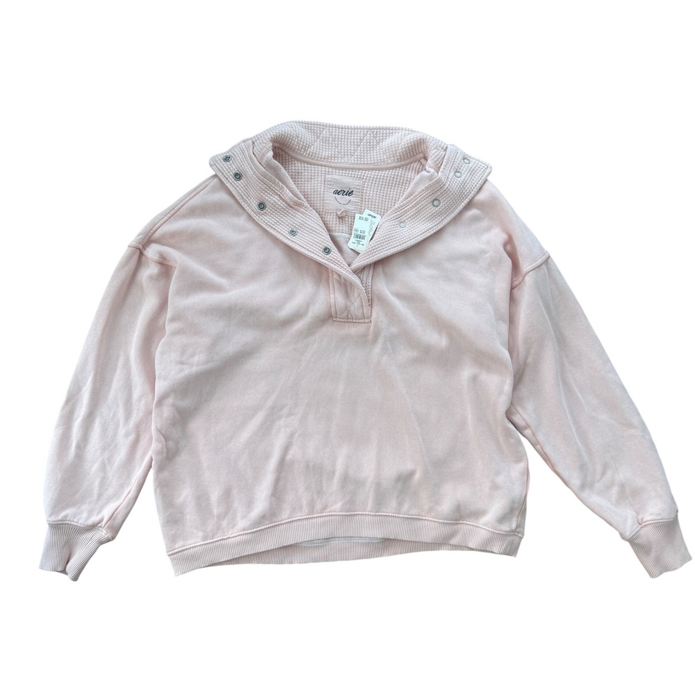 NWT Aerie Getaway Quarter Snap Waffle Collar Sweatshirt XS Dusty Pink